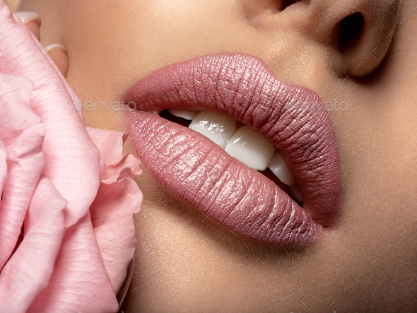 Closeup Sexy Female Lips With Pearl Lipstick Womens Lips And P Stock